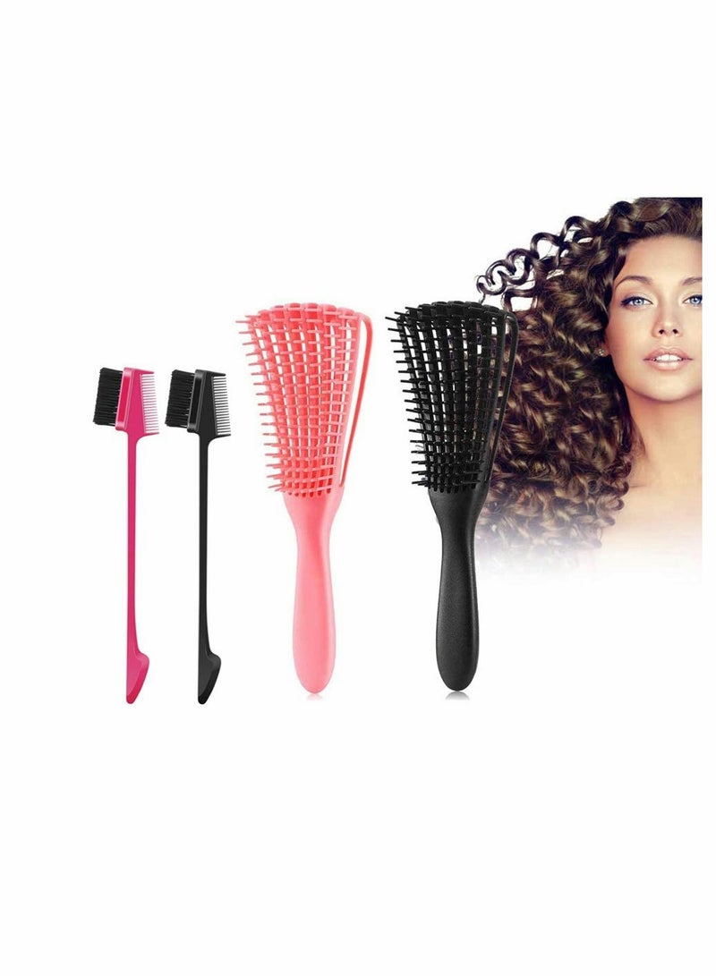 SOLARAE 2 Pieces Detangling Brush Detangler and 2 Pieces Edge Brush Double Sided Hair Comb, Clean Knots for 3a to 4c Hair Textured Kinky Wavy Curly Wet Dry Oil Matted Hair (Black Pink) - Image 1