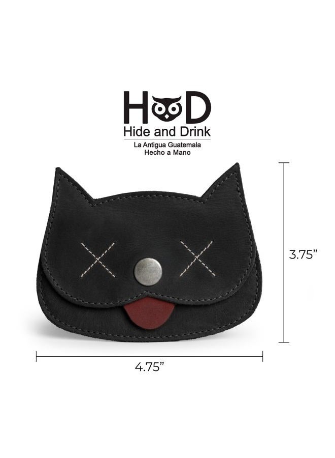 Hide & Drink , Cat Shape Wallet Handmade from Full Grain Leather - Cartoon Black - Image 4