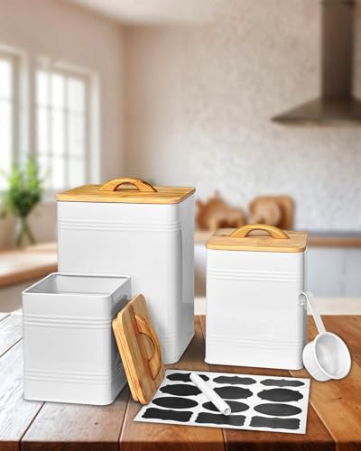 vensovo Kitchen Canister Set of 3 Large 7 Qt Flour and Sugar Containers Airtight White Metal Food Storage Jars with Bamboo Lids Iron Spoon Erasable Magnetic Labels Farmhouse Decor for Pantry - Image 3