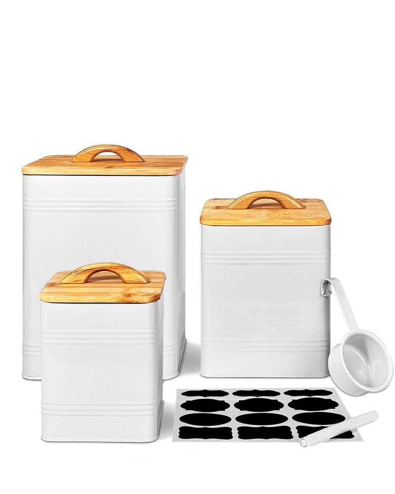 vensovo Kitchen Canister Set of 3 Large 7 Qt Flour and Sugar Containers Airtight White Metal Food Storage Jars with Bamboo Lids Iron Spoon Erasable Magnetic Labels Farmhouse Decor for Pantry - Image 2