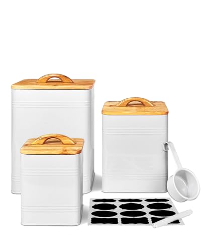 vensovo Kitchen Canister Set of 3 Large 7 Qt Flour and Sugar Containers Airtight White Metal Food Storage Jars with Bamboo Lids Iron Spoon Erasable Magnetic Labels Farmhouse Decor for Pantry - Image 1