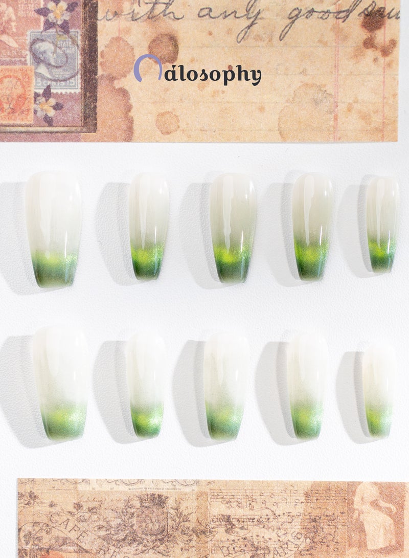 Nailosophy 10 Pcs Handmade Gel Press On Nails Medium Almond Green Ombre Gradient Reusable False Nails Nail Kit for Women Daily Wear Office Wedding Eid - Image 4
