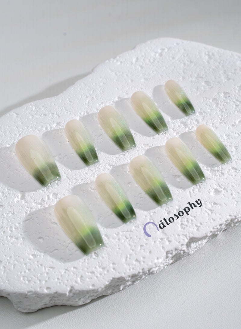 Nailosophy 10 Pcs Handmade Gel Press On Nails Medium Almond Green Ombre Gradient Reusable False Nails Nail Kit for Women Daily Wear Office Wedding Eid - Image 3