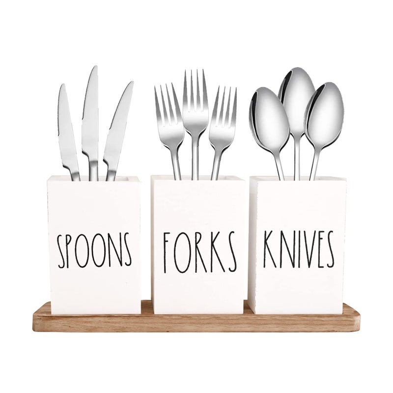 CHONIC CHONIC Farmhouse Silverware Holder, Rustic Wood Silverware Caddy with Tray, Spoon Fork Knives Flatware Dispenser, Utensil Countertop Organizer, Plastic Cutlery Holder for Kitchen Party (White)  - Image 1