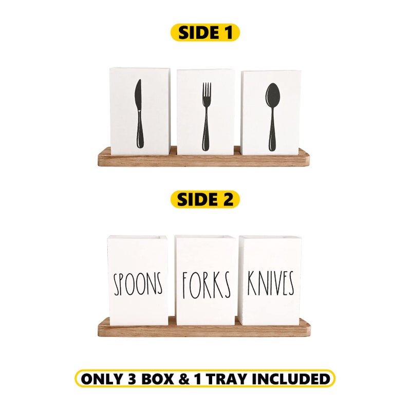 CHONIC CHONIC Farmhouse Silverware Holder, Rustic Wood Silverware Caddy with Tray, Spoon Fork Knives Flatware Dispenser, Utensil Countertop Organizer, Plastic Cutlery Holder for Kitchen Party (White)  - Image 2