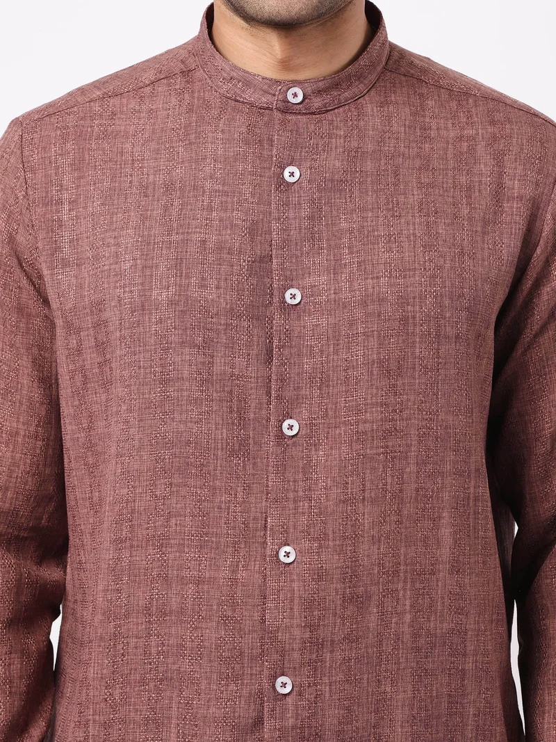 Maniac  Maniac Mens Solid Chinese Collar Full Sleeve Soft Twill Fabric Brown Shirt for Men | Best Price UAE