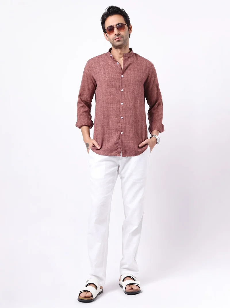 Maniac  Maniac Mens Solid Chinese Collar Full Sleeve Soft Twill Fabric Brown Shirt for Men | Best Price UAE