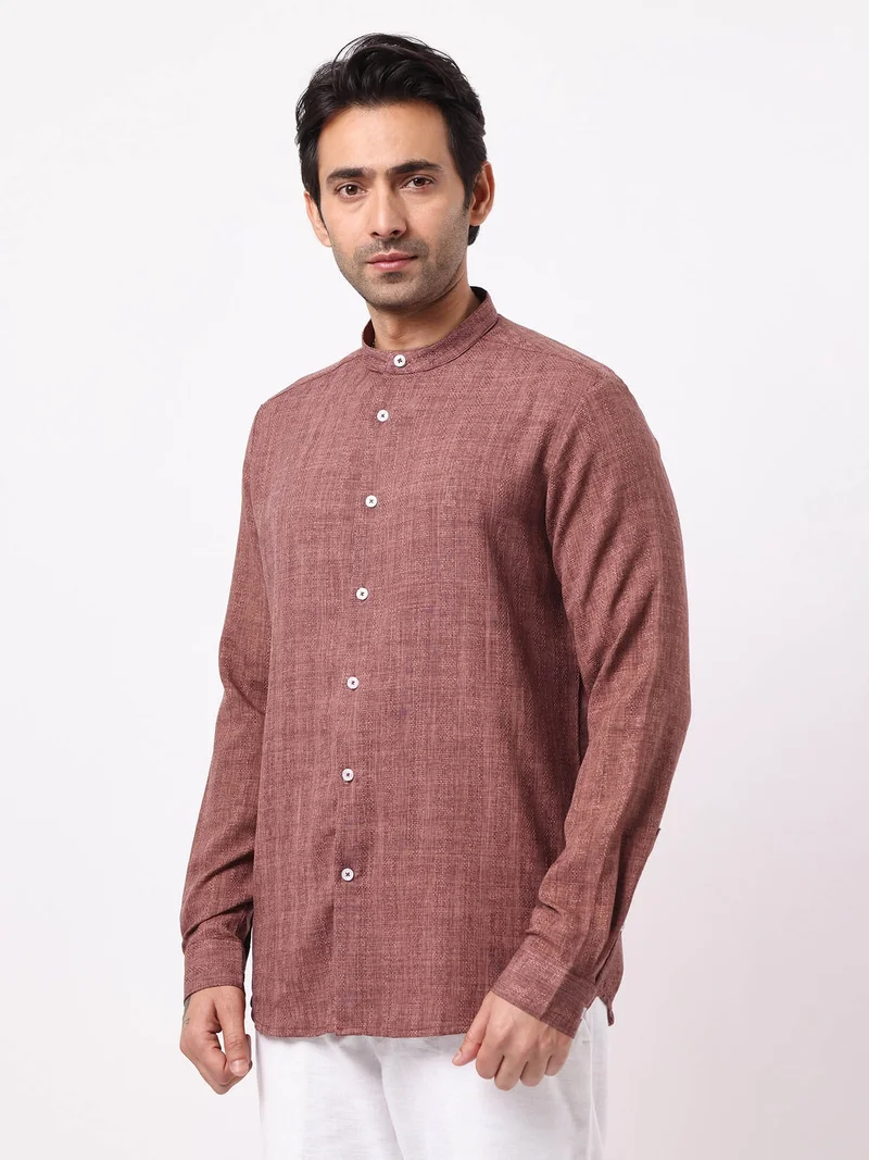Maniac  Maniac Mens Solid Chinese Collar Full Sleeve Soft Twill Fabric Brown Shirt for Men | Best Price UAE