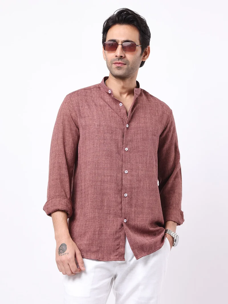 مانياك Maniac Mens Solid Chinese Collar Full Sleeve Soft Twill Fabric Brown Shirt