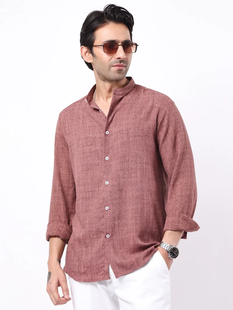 مانياك Maniac Mens Solid Chinese Collar Full Sleeve Soft Twill Fabric Brown Shirt