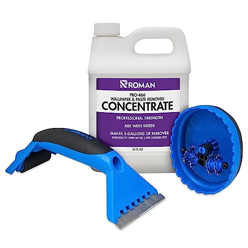 ROMAN Wallpaper Removal Kit - Concentrate (32 oz), Perforating Scoring Tool, and Angled Scraper for Home Improvement - Yields 5 Gallons of Remover (1500 sq. ft Coverage) - Image 1