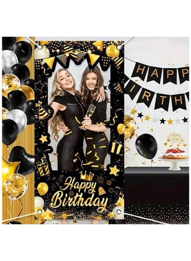 Black and gold polyester selfie frame with Happy Birthday and balloons, 180cm high and 90cm wide - Image 3