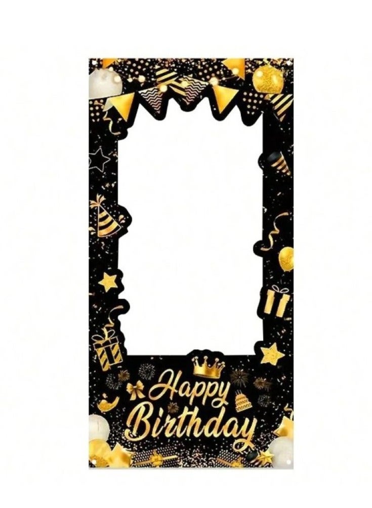 Black and gold polyester selfie frame with Happy Birthday and balloons, 180cm high and 90cm wide - Image 1