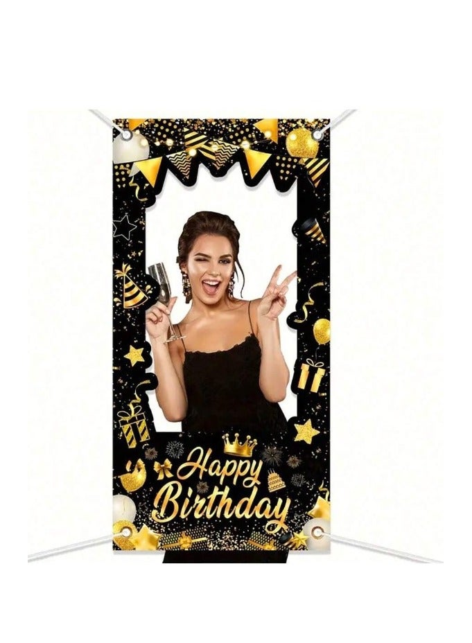 Black and gold polyester selfie frame with Happy Birthday and balloons, 180cm high and 90cm wide - Image 2