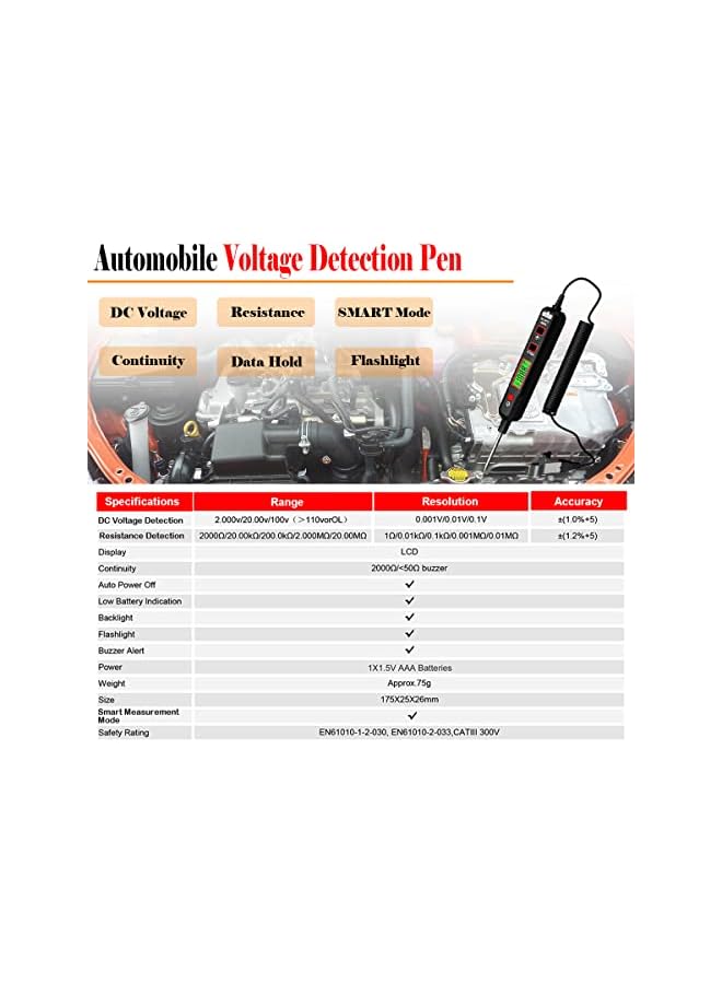 PROMASS promass Car Voltage Detector 100V DC Voltage Tester Automotive Electric Circuit Tester Car Truck Low Voltage & Light Tester with Flashlight, Backlight, LCD Display, 190mm Extended Spring Wire  - Image 5
