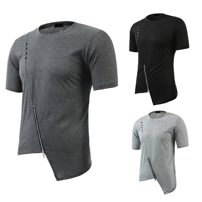 size summer new solid color all-match button zipper personality irregular hem plus size round neck short sleeve T-shirt T07P20 - Image 3
