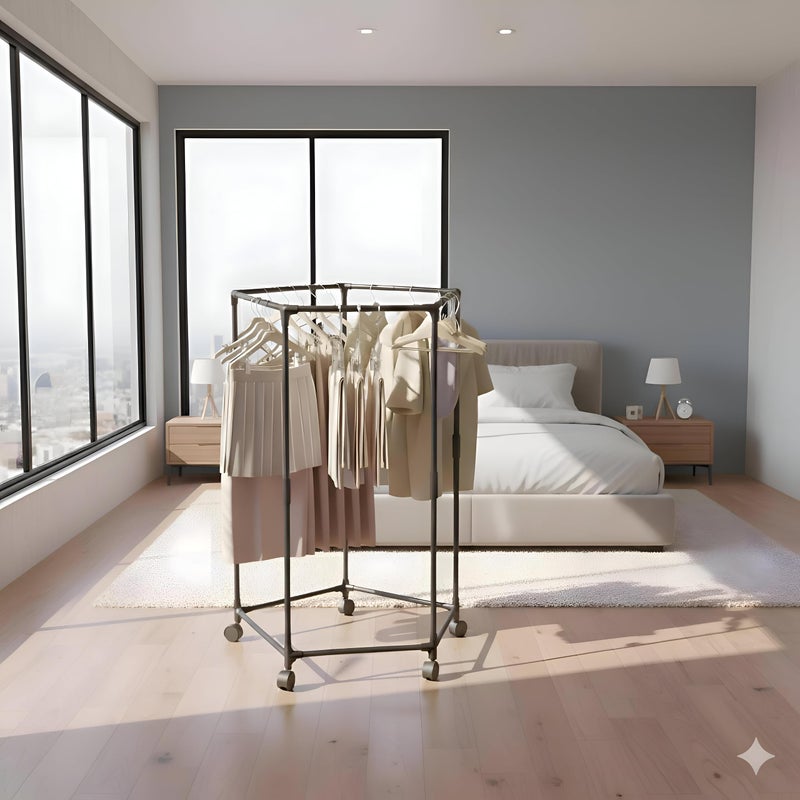 Wheeled wardrobe stand - 5-wheeled hexagonal mobile wardrobe stand with brakes, robust and comprehensive hexagonal metal design that saves space for bedroom organization, easy installation - Image 4