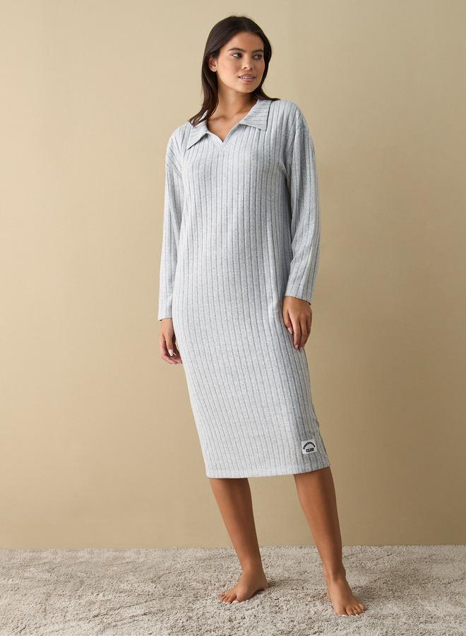 سبلاش فيڤ قميص نوم طويل بأكمام مضلعة من الفيسكوز بتفاصيل مطرزة - Image 1