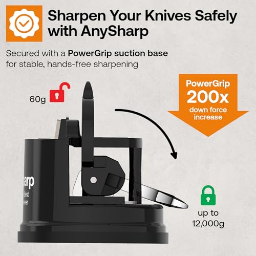 AnySharp – Global – Hands Free Knife Sharpener - Easy to Use Sharpening Tool with PowerGrip Suction Base and 20-Degree Pre-Set Angle - for All Knives: Chef's, Serrated, and Hardened Steel - Black - Image 4