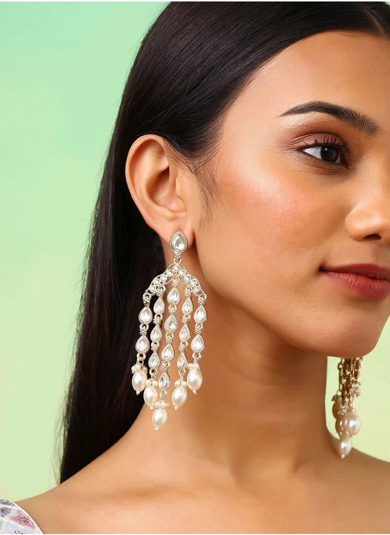 برياسي Kundan Stone Studded  Beaded Teardrop Shaped Tasselled Drop Earrings