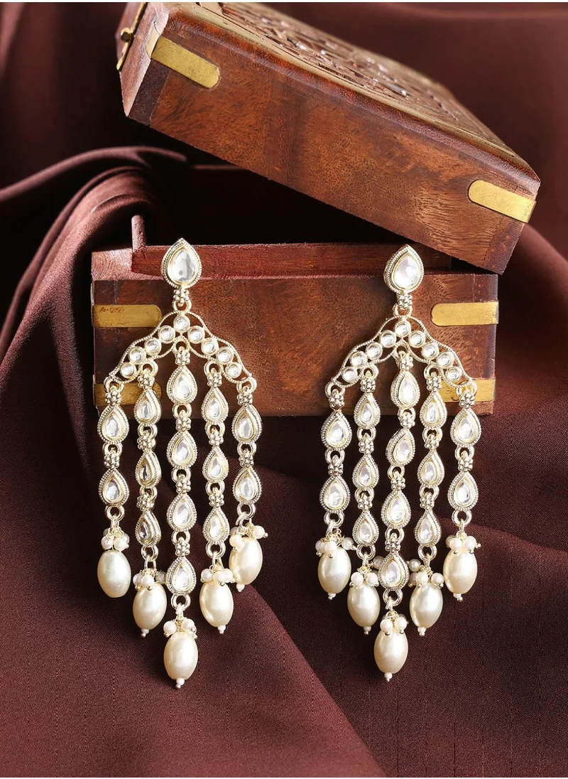 برياسي Kundan Stone Studded  Beaded Teardrop Shaped Tasselled Drop Earrings