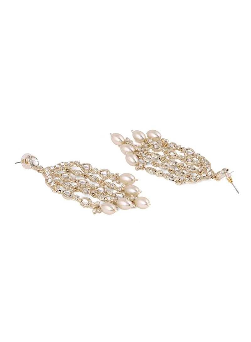 Priyaasi Kundan Stone Studded  Beaded Teardrop Shaped Tasselled Drop Earrings