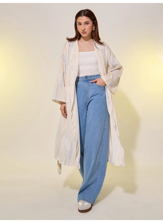تايك تو Take Two Striped Long Sleeves Robe with Tie-Up Belt