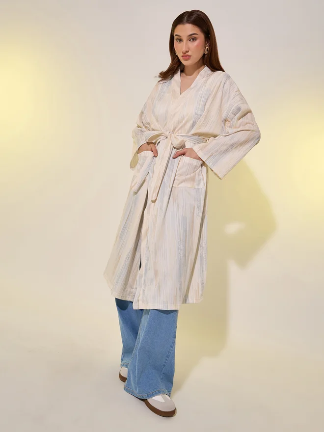 تايك تو Take Two Striped Long Sleeves Robe with Tie-Up Belt
