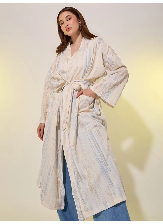تايك تو Take Two Striped Long Sleeves Robe with Tie-Up Belt