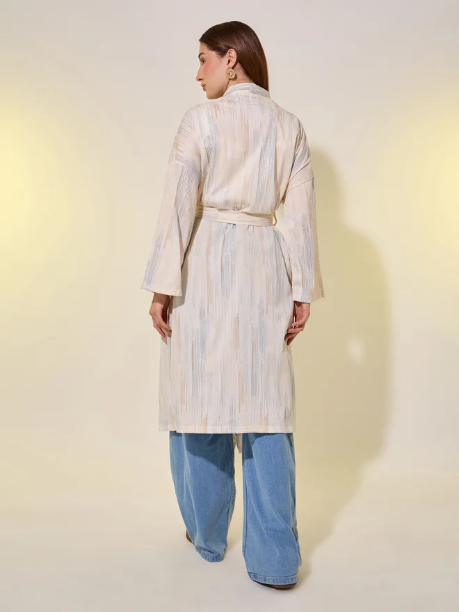 تايك تو Take Two Striped Long Sleeves Robe with Tie-Up Belt