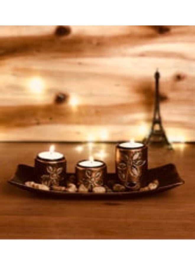 Whynot Decorative 3-Piece Antique Candle Holder Set with Wooden Tray & Natural Stones - Image 2
