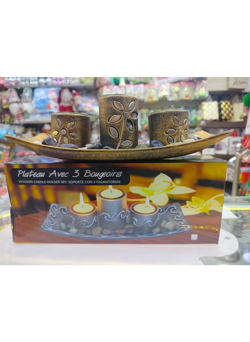Whynot Decorative 3-Piece Antique Candle Holder Set with Wooden Tray & Natural Stones - Image 3