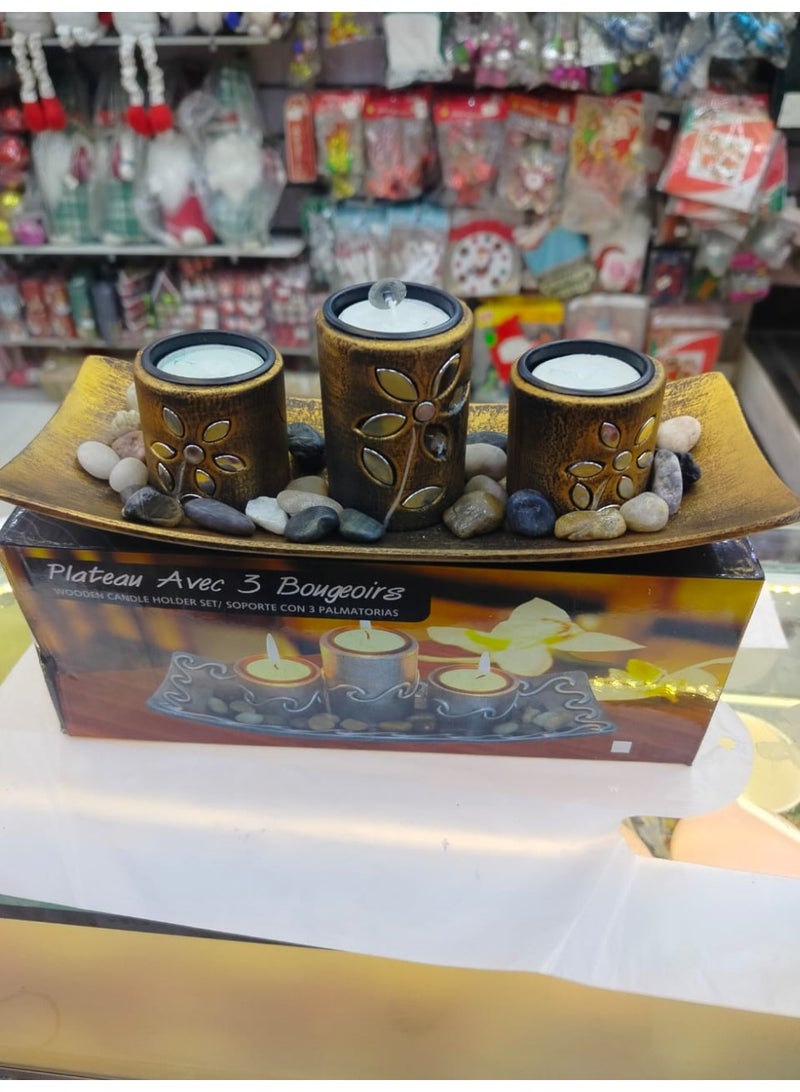 Whynot Decorative 3-Piece Antique Candle Holder Set with Wooden Tray & Natural Stones - Image 4