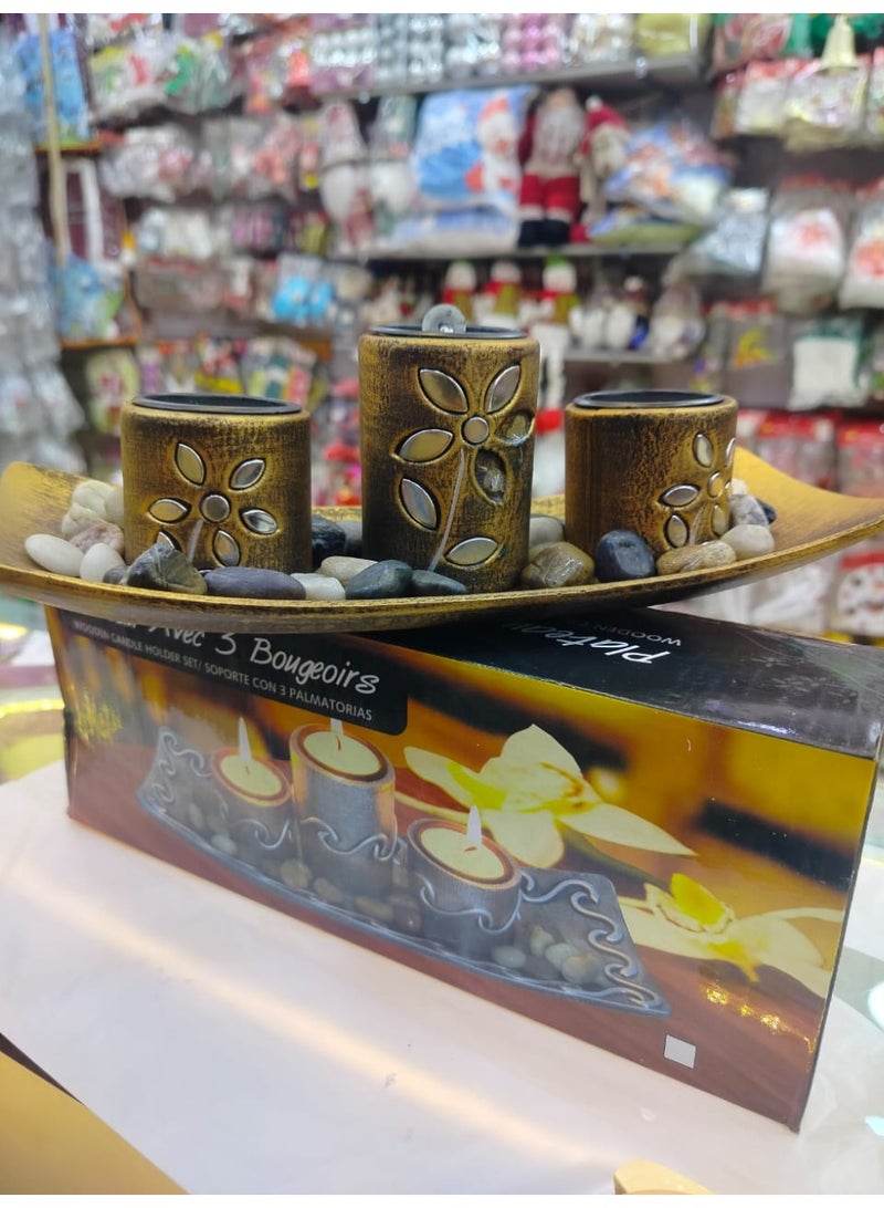 Whynot Decorative 3-Piece Antique Candle Holder Set with Wooden Tray & Natural Stones - Image 5