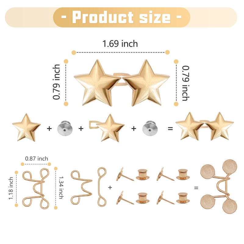 ROPAKED 8 Set Pant Waist Tightener Star Buttons Pins for Loose Jeans Reusable Waist Cincher Clip Metal Star Tightener for Clothing Dresses Skirts No Sewing Decoration Accessories(Silver+Gold) - Image 2