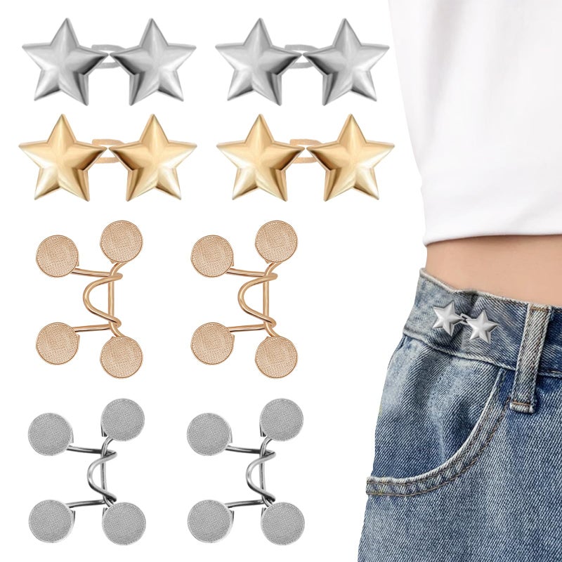 ROPAKED 8 Set Pant Waist Tightener Star Buttons Pins for Loose Jeans Reusable Waist Cincher Clip Metal Star Tightener for Clothing Dresses Skirts No Sewing Decoration Accessories(Silver+Gold) - Image 1