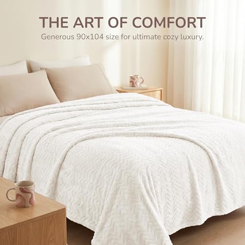 Exclusivo Mezcla Fleece Bed Blanket Twin Size Lightweight Jacquard for Spring Summer Soft Cozy Breathable Blankets Ivory 90x66 Inches - Image 3