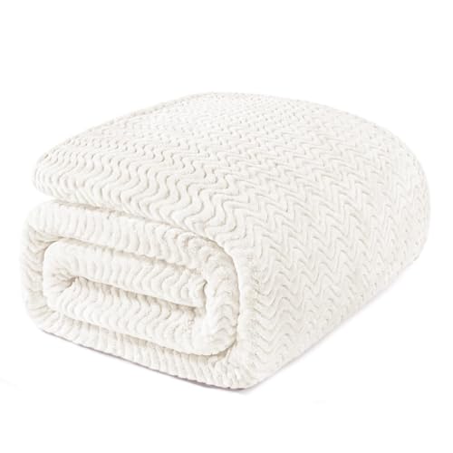 Exclusivo Mezcla Fleece Bed Blanket Twin Size Lightweight Jacquard for Spring Summer Soft Cozy Breathable Blankets Ivory 90x66 Inches - Image 1