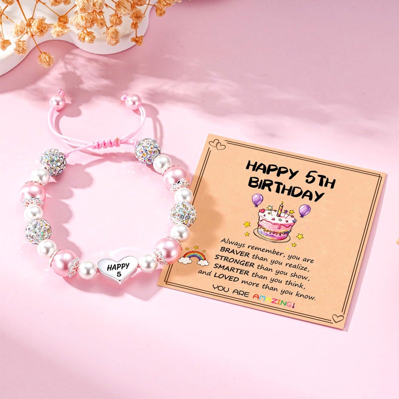 Esrial Happy 5 Year Old Birthday Gifts for Girls, Adjustable Pink Pearl Heart Beaded Bracelet for Daughter Granddaughter Niece Birthday Christmas Gifts - Image 3