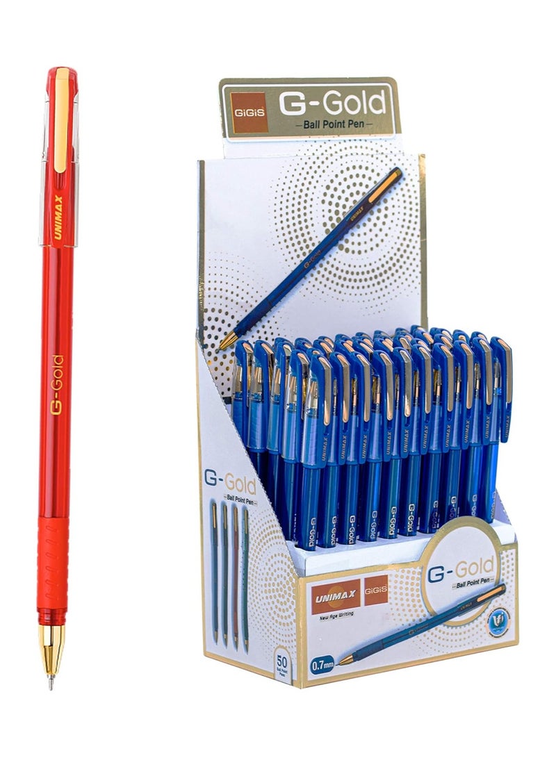 Gigis Unimax G-Gold Ball Pen Red (50 Pcs) 0.7mm, Ballpoint Pens, Gold-Plated Cap, Soft Cushion Grip, and VFI Ink for 20% More Writing Length - Image 1