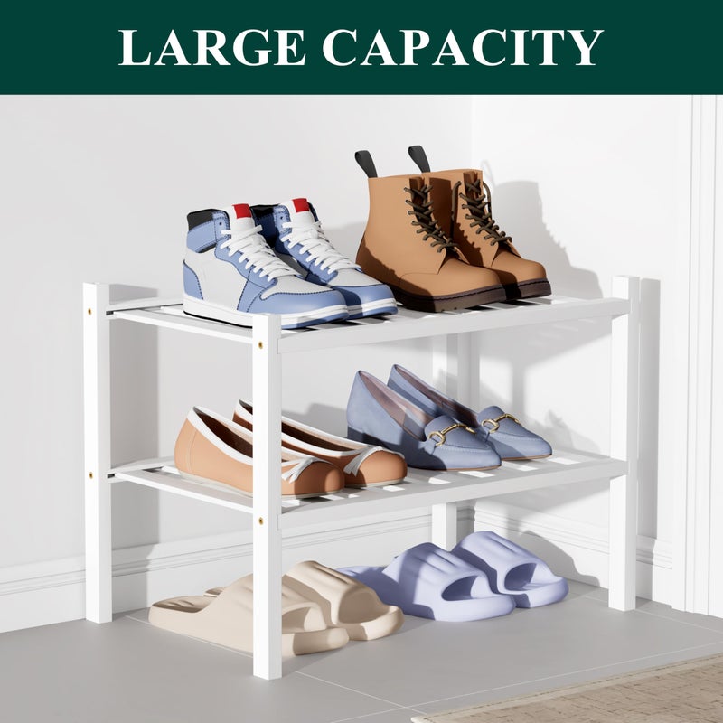 Smiry Bamboo Shoe Rack for Closet, 2 Tier Small Wooden Stackable Shoe Organizer, Free Standing Shoes Storage Shelf for Entryway, Front Door Entrance, White - Image 5