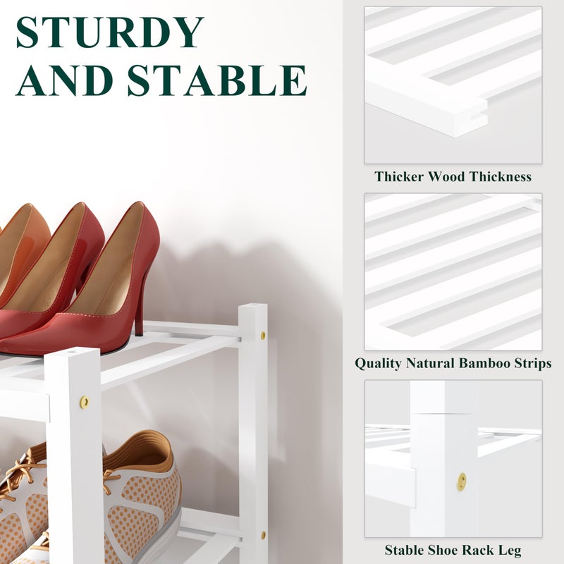 Smiry Bamboo Shoe Rack for Closet, 2 Tier Small Wooden Stackable Shoe Organizer, Free Standing Shoes Storage Shelf for Entryway, Front Door Entrance, White - Image 3
