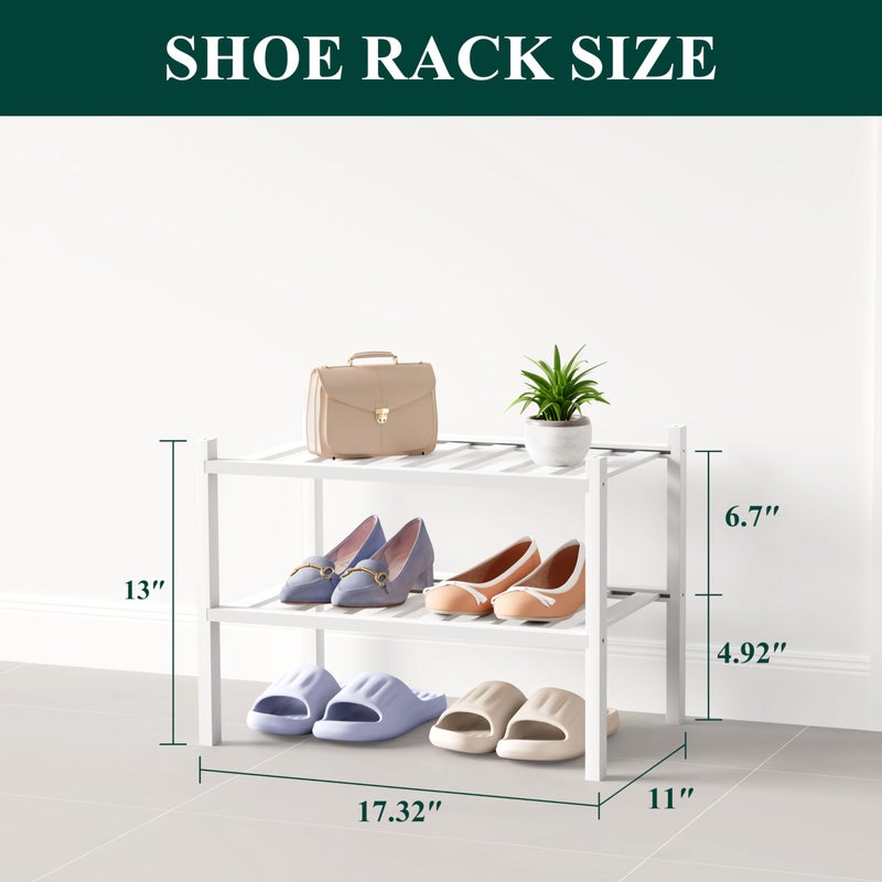 Smiry Bamboo Shoe Rack for Closet, 2 Tier Small Wooden Stackable Shoe Organizer, Free Standing Shoes Storage Shelf for Entryway, Front Door Entrance, White - Image 2