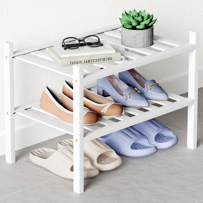 Smiry Bamboo Shoe Rack for Closet, 2 Tier Small Wooden Stackable Shoe Organizer, Free Standing Shoes Storage Shelf for Entryway, Front Door Entrance, White - Image 1