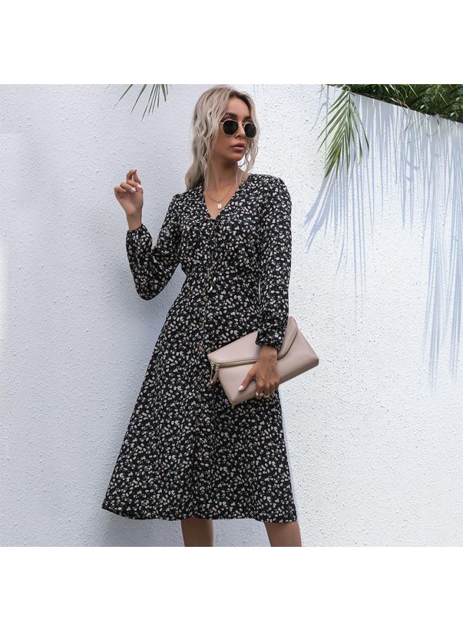 Autumn New Waist Elegant Printed Dress Split Chiffon European And American Women's Dress For Women