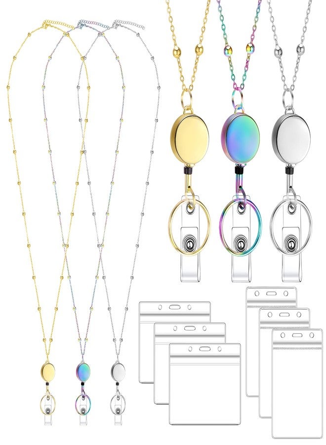 Prudiut Lanyards for Id Badges 3 Pack Badge Lanyard with 6 Pcs Id Badge Holder Retractable Stainless Steel Teacher Lanyards Cruise Ship Lanyards Stocking Stuffers for Girl Women (Gold, Silver, Bright Blue) - Image 1
