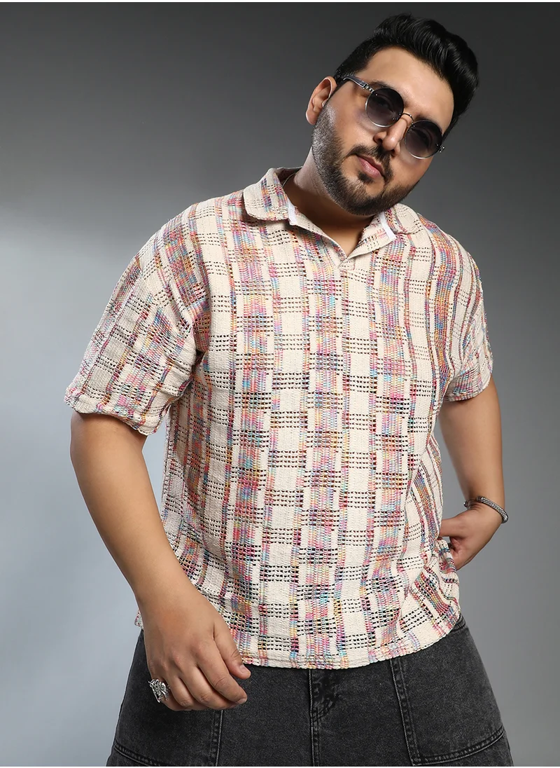 انستافاب بلس Instafab Plus Men's Off-White Prism Oversized Polo T-Shirt For Casual Wear | Polo Neck | Short Regular Sleeves | Pull On Closure | Plus Size T-Shirt Crafted With Comfort Fit For Everyday Wear