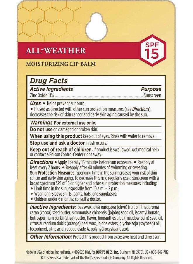 Burt's Bees All Weather SPF 15 Lip Balm, Water-Resistant Lip Moisturizer, Tint-Free, Natural Conditioning Lip Treatment, 2 Tubes, 0.15 oz. - Image 4