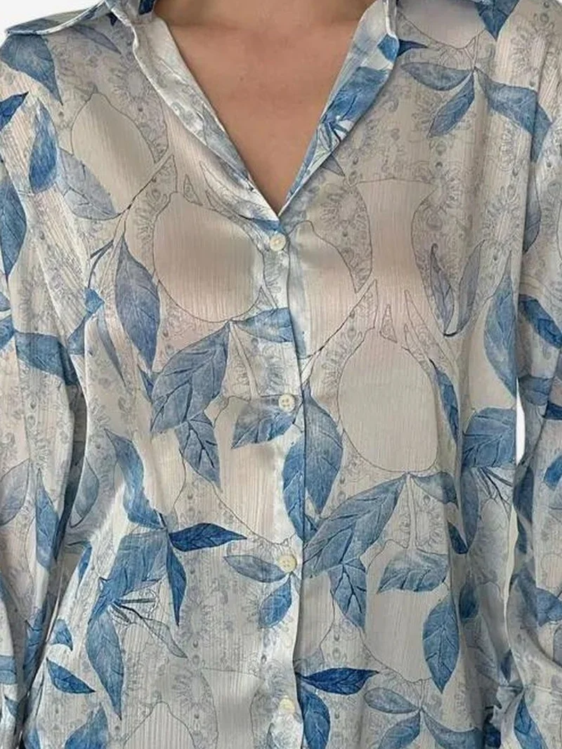 My Fashion Cobalt Blue MY FASHION Floral Print Satin Button-Up Shirt for Women | Best Price UAE