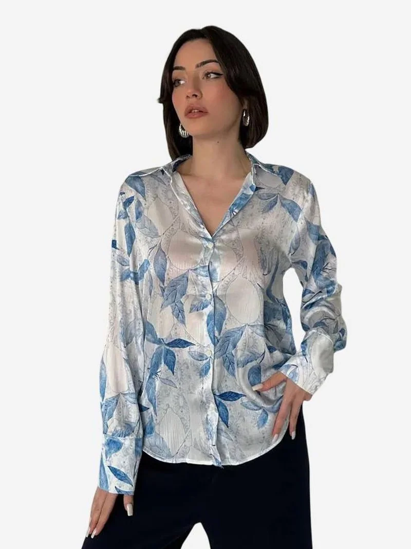 MY FASHION Floral Print Satin Button-Up Shirt